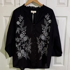 NWT Jennifer and Grace Black Floral Embroidered 3/4 Sleeve Cotton Women's Top 2X